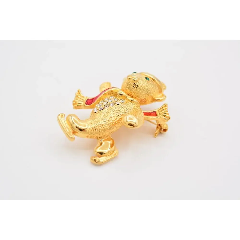 Vintage Christmas Bear Pin Brooch Brushed Gold Ice Skating Holiday Heavy BinAT